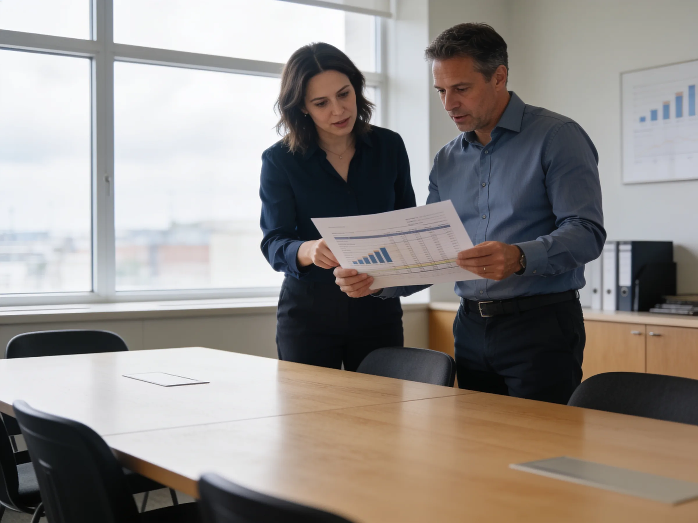 Two accounting professionals reviewing a printed financial statement together at a conference table