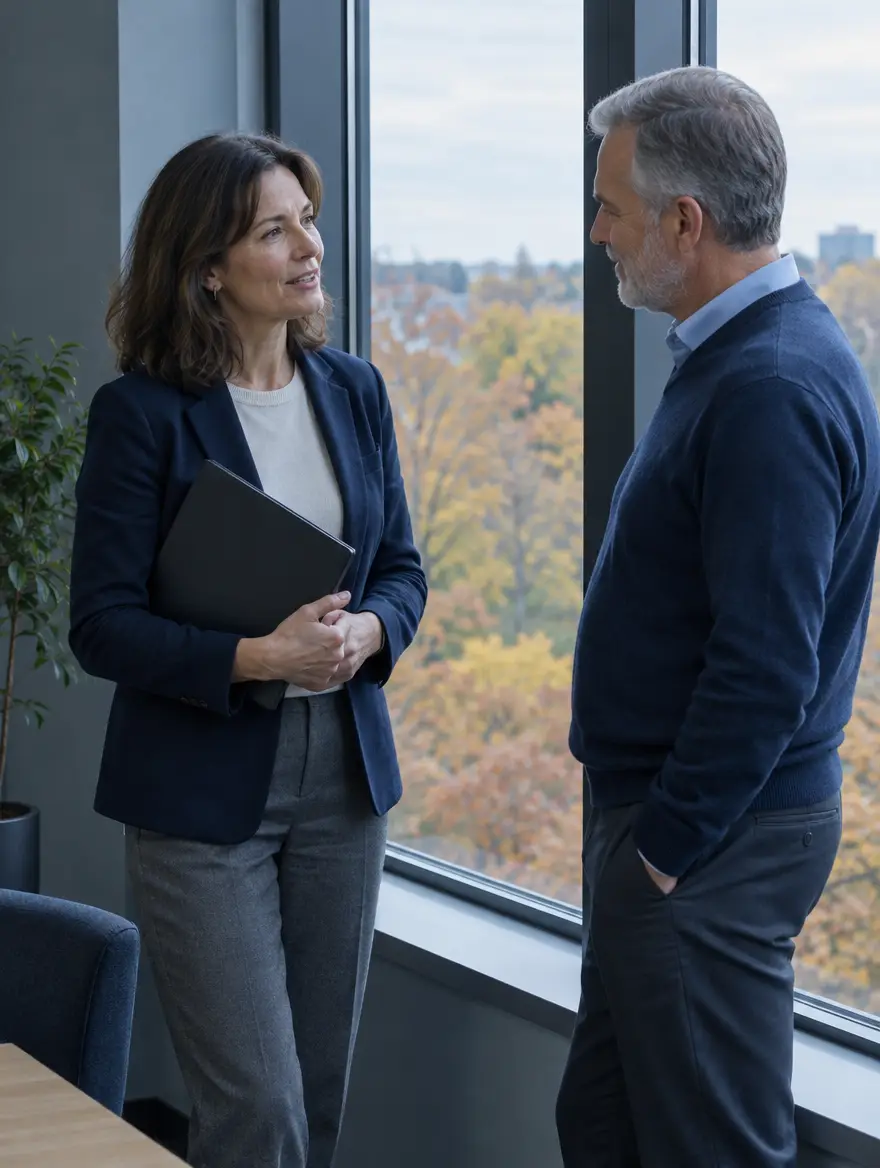 Two professionals in conversation by a tall office window, autumn trees outside