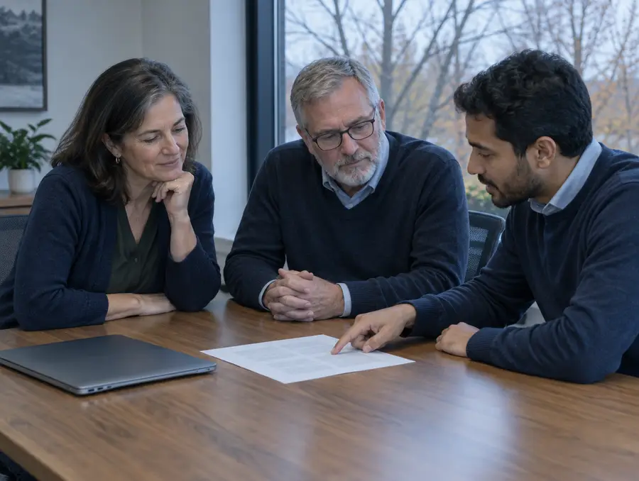Three colleagues at a conference table reading a printed role description together