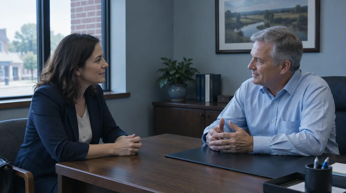A candidate and a bank officer talking across a desk in a small-town bank office, brick street outside the window