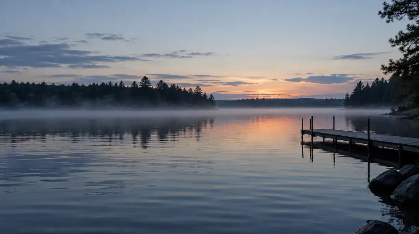 A Wisconsin lakeshore at dusk, calm water and a wooded shoreline